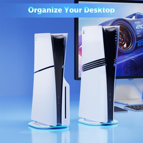 Image of HONCAM Vertical Stand for PS5 /PS5 Slim /PS5 Pro Consoles, PlayStation 5 Vertical Stand with 7 RGB Lights for PS5 Digital /PS5 Disc, PS5 Slim Digital /PS5 Slim Disc,PS5 Pro Console with Screw,White
