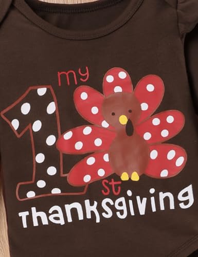 TUEMOS Thanksgiving Outfits Baby Girl My First Thanksgiving Romper+Polka Dot Pant+Headband Baby Girl Thanksgiving Clothes Set3