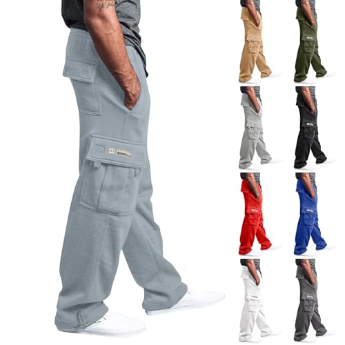Grey Cargo Sweatpants for Men Baggy Plus Size Wide Leg Open Bottom Sweatpants Drawstring Jogger Sweatpant Workout Big and Tall Gym Pants Multi Pockets Sweat Pants for Mens Athletic Cargo Joggers