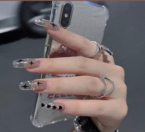 Secret Lives® Long Acrylic Press on Nails Designer Reusable Artifical Transparent Black Heart & Stud Designs with Brown Color Bottom Fake Nails 24 PCS Set with Kit
