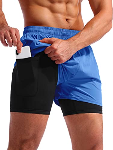 Image of Pudolla Men's 2 in 1 Running Shorts 5 inch Quick Dry Gym Athletic Workout Shorts for Men with Phone Pockets