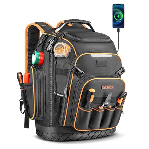 Tool Backpack, HVAC Tool Bag with Molded Base, Full Opening Electrician Tool Backpack for Men Heavy Duty, Tools Organizer Bags for Jobsite Work Handyman, Large Pockets & Combination Lock