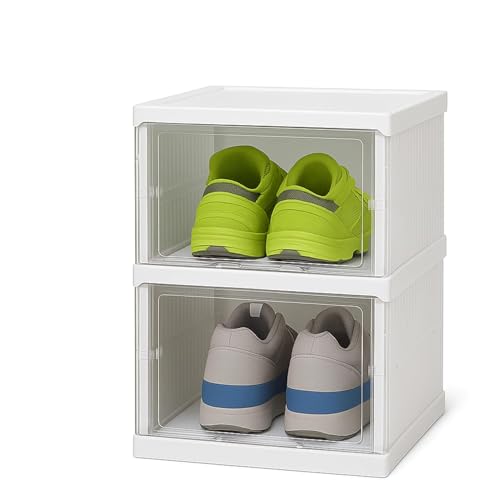 Stackable Shoe Storage Box with Front Opening Door, Transparent Plastic Sneaker Organizer for Closet, Modular Drawer Style Shoe Rack for Men & Women (2 LAYER)