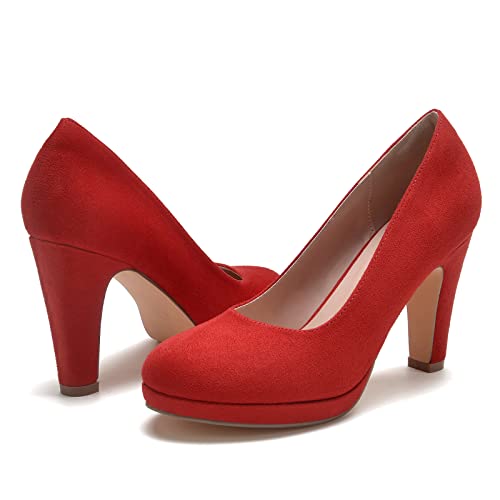 Wuorwu Women's Round Toe Low Platform High Heel Pumps（Red Suede, 6.5） #TOP1