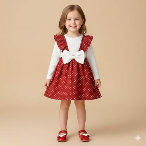Image of A.T.U.N. (ALL THINGS UBER NICE) Baby Girls Poly Silk Frock with Bow Straps & Ruffle Sleeves | Stylish Printed Winter Dress for Kids | Cute Long Sleeve Party Frock