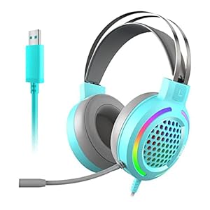 Bajeal Kabelgebundenes Gaming-Headset mit Mikrofon 7.1 Surround-Sound, LED-Kopfhörer für PC, Blau