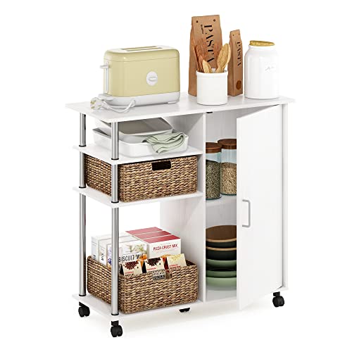 Image of Furinno Helena Rolling Cart, 4-Tier Rolling Utility Cart with Closed Cabinet, Storage Cart, for Office, Living Room, Kitchen, Storage and Organizers, White Wood