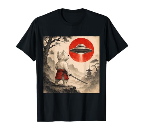 West Highland White Terrier Samurai UFO, cane giapponese Ukiyo-e Maglietta
