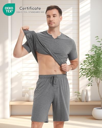 Image of NACHILA Pajamas Set for Men-Viscose Made from Bamboo, Short Sleeve Sleepwear Soft Pj with Shorts Cool Loungewear