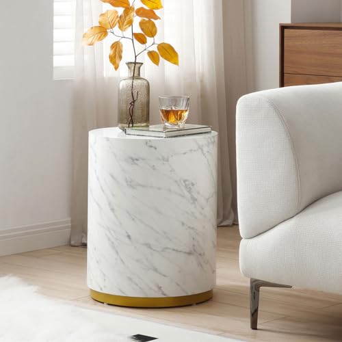 Maotifeys Modern White Marble End Table for Living Room Elegant Drum-Shape Side Table Round Bedside Table with Gold Metal Base (Fully Assembled-15.75' Dia x19.69 H)