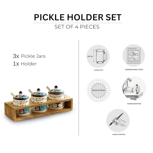 Image of ExclusiveLane 'Hut Handpainted' Ceramic Pickle Jars for Dining Table with Spoon & Wooden Holder (Set of 3, 280 ML)|Ceramic Jars for Kitchen Storage Pickle Holder Pickle Jars for Storage Aachar Jar Set