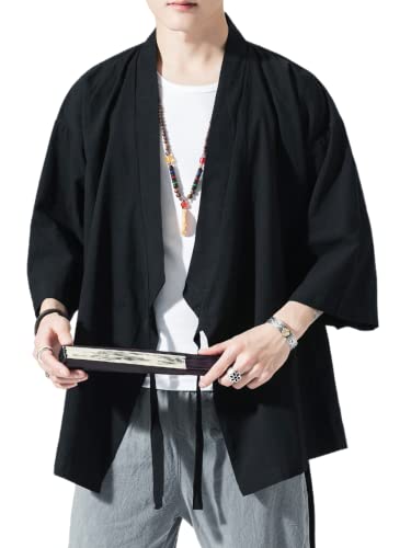 Image of Men's Japanese Kimono Cardigan Loose Cotton Linen 3 /4 Sleeve Open Front Casual Summer Shirt Jackets
