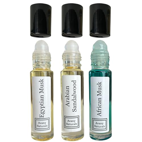 Avany Naturals Set of 3 Unisex Fragrance Body Oil, Egyptian Musk, Sandalwood, African Musk, Concentrated Perfume, Alcohol Free Fragrance, Roll On Body Oil (Musk Oil ESA)