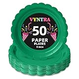 Vyntra Green 9 Inch Scalloped Paper Plates, 50 Count Heavy Duty Microwave Safe Disposable Dinner Plates for St. Patrick’s Day, Picnic, BBQ