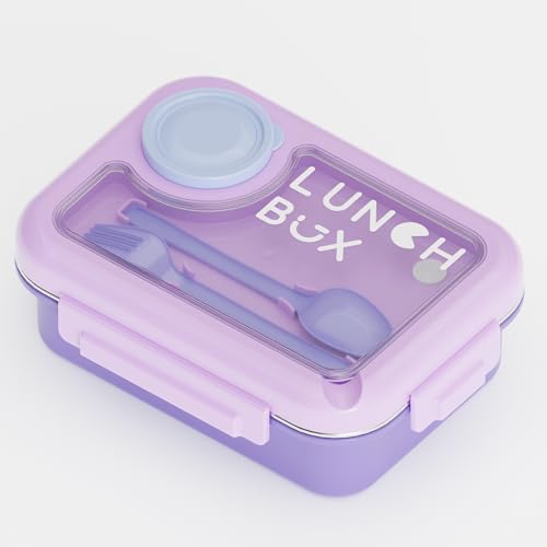 Image of Bento Lunch Box for Kids & Adults, Stainless Steel 3 Section Leakproof Lunch Container with Cutlery, BPA Free Tiffin for School College Office Travel (Purple)