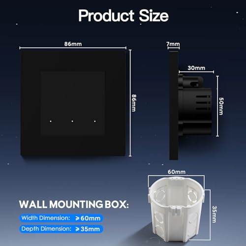 BSEED Smart Lichtschalter Unterputz mit PC Rahmen, 3 Fach 1 Weg, WLAN Taster Schalter kompatibel mit Alexa/Google Home, Intelligente Wandschalter arbeitet mit Smart Life/Tuya App, Schwarz