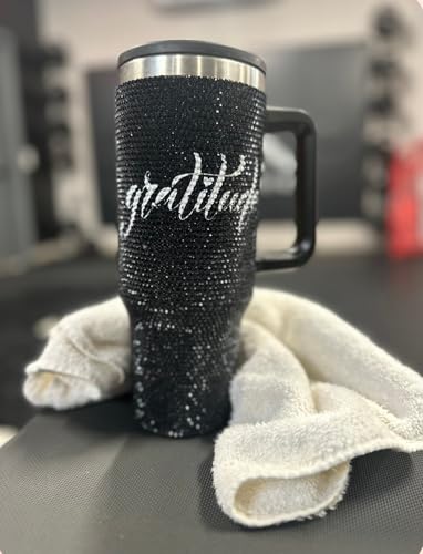 40 Oz Bling Rhinestone Gratitude Tumbler with Straw and Handle – Leak-Proof Double Wall Stainless Steel Cup – Vacuum Insulated, Reusable for Hot & Cold Drinks, Stylish Gift For Women Or Back-To-School