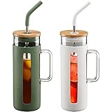 Kodrine Tumbler with Lid and Straw, 20 oz Glass Coffee Tumbler with Handle, Smoothie Cup with Bamboo Lid | Time Marker | Silicone Protective Sleeve, BPA Free - Olive+White
