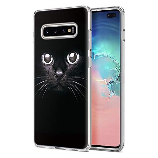ZhuoFan Samsung Galaxy S10 Plus fodral, skyddande skal silikon transparent med mönster mobiltelefonfodral ultratunn slim stöttålig mjuk TPU stötfångare fodral bakskydd för Samsung Galaxy S10 Plus, svart katt