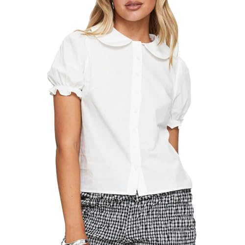 Peter Pan Collar Button Down Shirts for Women Solid Doll Neck Short Puff Sleeve Preppy Blouse Babydoll Tees (White, S)