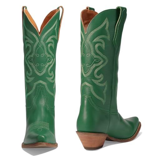 Image of LEHOOR Cowboy Boots Women Embroidered Mid Calf Western Boot Low Chunky Heel | Pointed Toe Pull On Knee High Cowgirl Boots Stacked Heel V Cut Suede Snip Toe Fall Winter Boot Dressy Retro Chic 4-11 M US