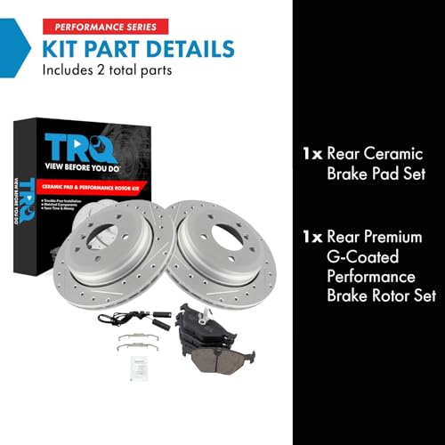 Image of TRQ Performance Rear Brake Pad and Rotor Set Ceramic Coated Drilled Slotted Compatible with 2001-2005 BMW 325xi