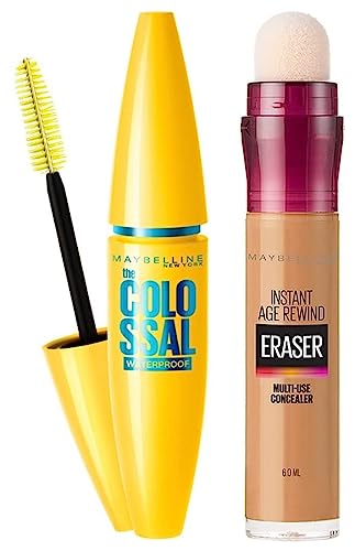 Image of Maybelline New York Full Natural Finish Cushion Instant Age Rewind Concealer, Caramel, 6ml and Volume Express Colossal Masacara, Waterproof, Black, 10g