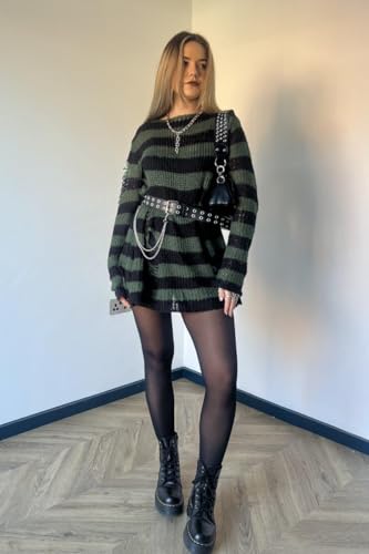 Image of Ro Rox Gothic Knitted Jumper with Distressed Look - Oversized Pullover Ripped Design, Loose Fit, 90s Grunge Stripe Pattern