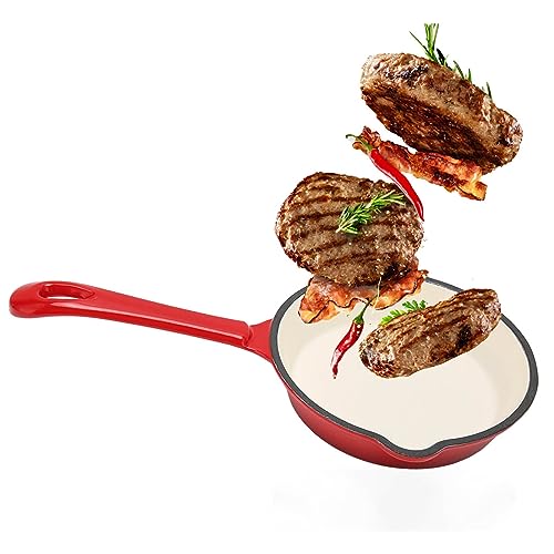 Natudeco Sartén de hierro fundido esmaltado Wok antiadherente doble con revestimiento de esmalte y caño de vertido Mango largo Sartén resistente y duradera para el hogar Restaurante