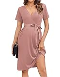Ekouaer Women Ribbed Maternity Dress Short Sleeve Solid Pregnancy Dresss V Neck Postpartum Lightweight Dress with Belt Dirty Pink S
