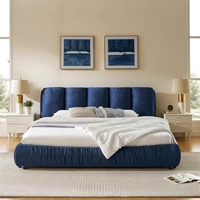 DEINPPA King Size Luxury Bed Frame with Oversized Cloud Headboard, Modern Platform Bed Frame for Bedroom Apartment, Easy Assembly-Dark Blue