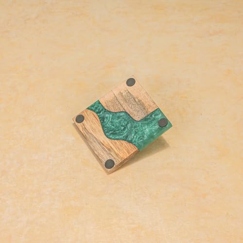 Image of Ireka Home Blue Wave Coasters (Set of 4) - Mango Wood & Turquoise Blue Resin, Coastal Tranquility Design - Elegant Kitchen & Coffee Table Decor for Coffee Cups, Mugs & Glasses