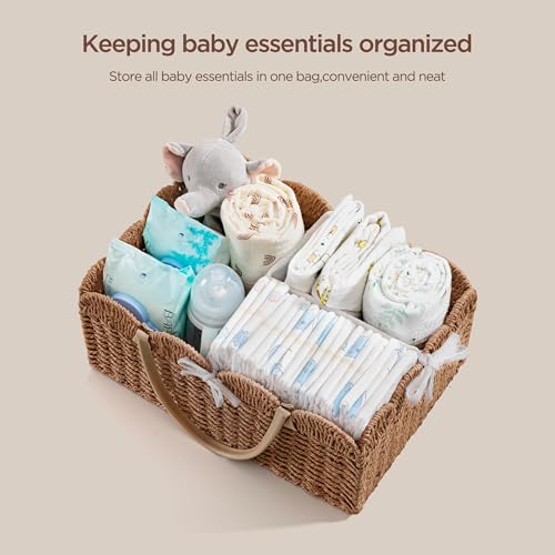 HBlife Large Baby Diaper Caddy, Paper Rope Storage Baskets Nursery Bin with Removable Divider, Portable Car Organizer for Diapers, Baby Shower Gifts, Newborn Essentials Must Haves - Thumbnail 3