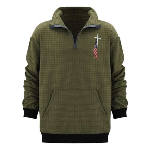 Christian Sweatshirt for Men Quarter Zip American Flag Jesus Cross Sweater with Elbow Patches Casual Pullover Tops3