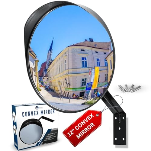 12" Convex Mirror Outdoor & Indoor — Acrylic Safety Traffic Mirror for Wall with Adjustable Swivel; 130° Concave Reflector for Blindspots; Curved Driveway & Parking Reflector for Garage