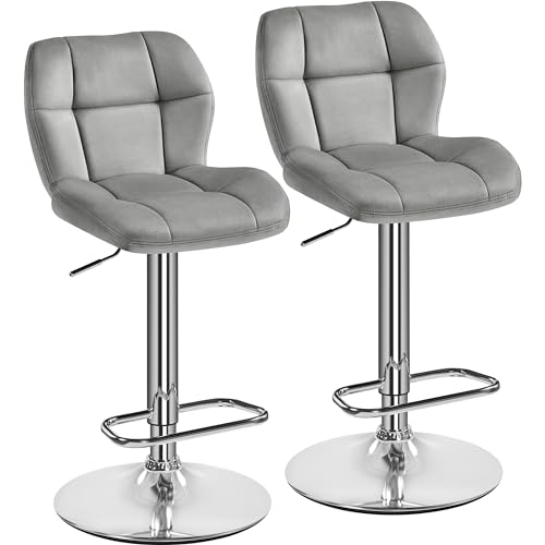 Yaheetech Barhocker 2er Set Höhenverstellbar 360°Drehbar Barstühle Küchenstühle mit Rückenlehne und Fußstütze Barstuhl aus Samt Sitzhöhe 62,5 cm - 84,5 cm für die Küche, Hellgrau