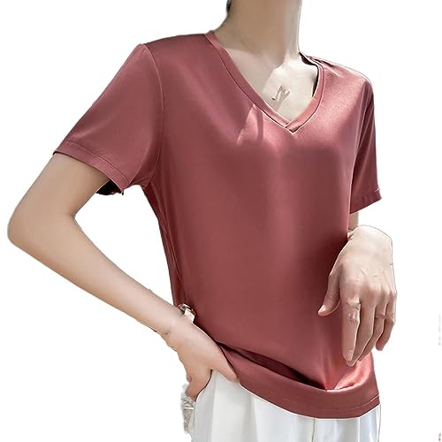 T-shirt en satin pour femme col en v mode, tunique d'été manches courtes rouge brique lâche
