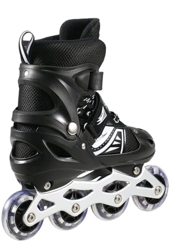 Image of Skating Shoes for Boys /Girls 4 Wheel Inline Skates Age 7 to 15 Years Liner Roller Skates Shoes Roller Blades PU Strong Wheels Aluminium with LED Flash Light on Wheels (Black)
