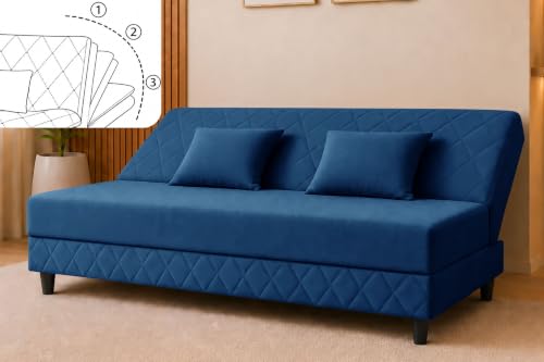 Image of Velvet Fabric Sofa Cum Bed | 3 Seater Sofa Bed | Premium Upholstered Folding Couch for Living Room, Guest Room & Bedroom | Quilted Backrest with 2 Cushions (Blue)