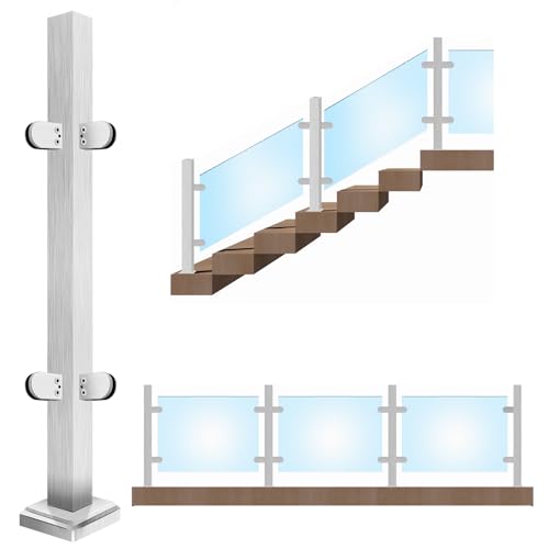 ITeVe.GD Glass Stair Railing Post System 33.46 inchs Stainless Steel 304 Stair Handrail Balusters with Glass Clamp & Rubbers,Silver Metal Balustrade Suitable for Stairs,Terraces,Gardens(Corner Post)