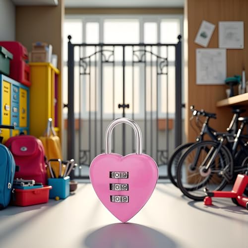 Image of Pink Combination Lock, Heart Shape 3 Digital Password Padlock, Mini Outdoor Combo Gate Lock for School Gym Locker, Fence Gate, Toolbox, Employee Hasp Locker Combination Padlocks Outdoor Accessories