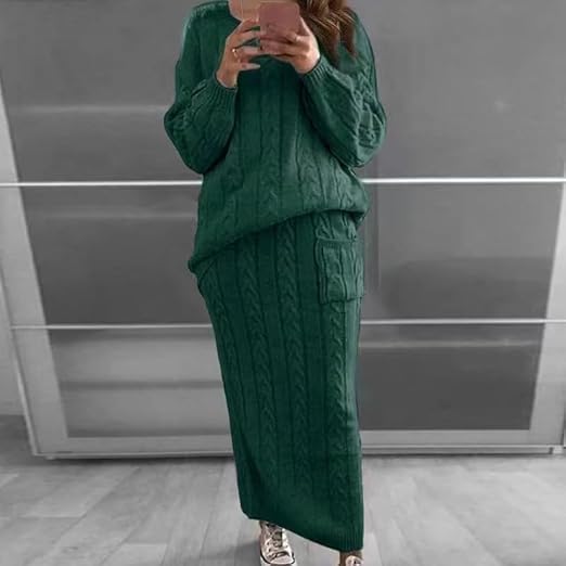 Women's Winter Casual Chunky Cable Knit Long Pencil Skirt 2 Piece Outfit Oversized Pullover Plus Size Sweater Sets Warm Suit - Image 2