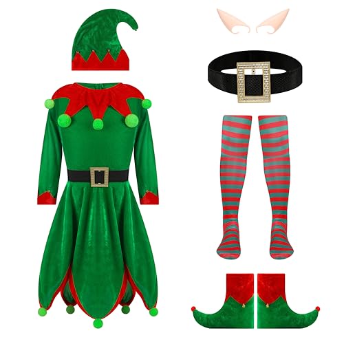 QiaoPkeb 6-teilige Frauen Urlaub Elfen Kostüm Samt Kleid Weihnachten Karneval Rollenspiel Elfen Hut Schuhe Ohrriemen Socken (M)