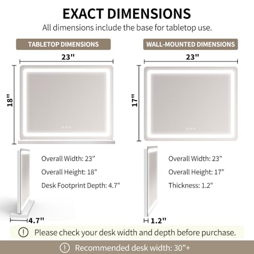 Image of ROLOVE 23 inchx 18 inch Large Vanity Mirror with Lights, LED Makeup Mirror for Dresser and Desk, 10X Magnification, Dimmable Touch Control, Wall Mounted or Tabletop Mirror for Bedroom (White)