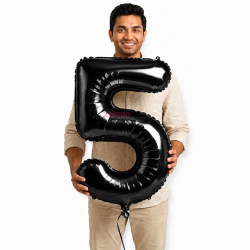 Image of Balloonistics Black 40-Inch Foil Number 5 Balloon - Helium or Air Fill for 5th Birthday, Anniversary, New Year Party Decoration, Photo Booth Backdrop, Cake Table Decor