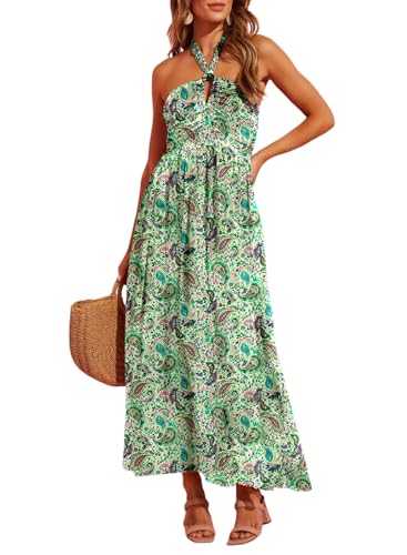 Image of Dokotoo Women's Summer Dresses Halter Neck Sleeveless Backless Flowy A Line Boho Maxi Dress