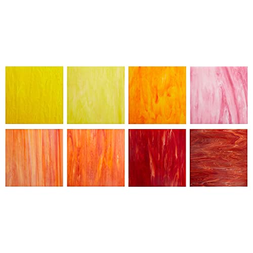 MaxGrain 6x6 inch Stained Glass Sheets Red&Yellow Variety Mixed Colors Opaque Glass Packs Mosaic Art Glass for Art Crafts, 8 Sheets