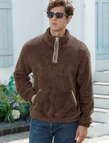 Image of ZAFUL Men 1 /4 Zipper Ethnic Aztec Fleece Unisex Winter Sweatshirt Tops 2026 | Funnel Neck Fluffy Polar Fleece Faux Sherpa Soft Thermal Pullover Kangaroo Pocket Jacket Hoodie Tops