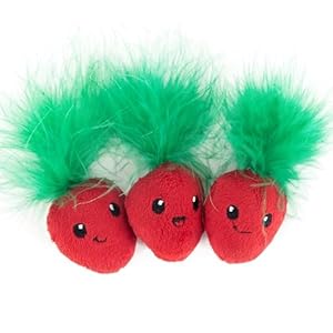 Catstages Strawbabies 3-Pack Catnip Cat Toys for Dental Health, Feather & Crinkle Teething Toys for Kittens and Indoor Cats, Interactive Play, Pink