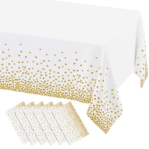 misaya 6 Packs Disposable Plastic Table Cloth, Gold Dots in White